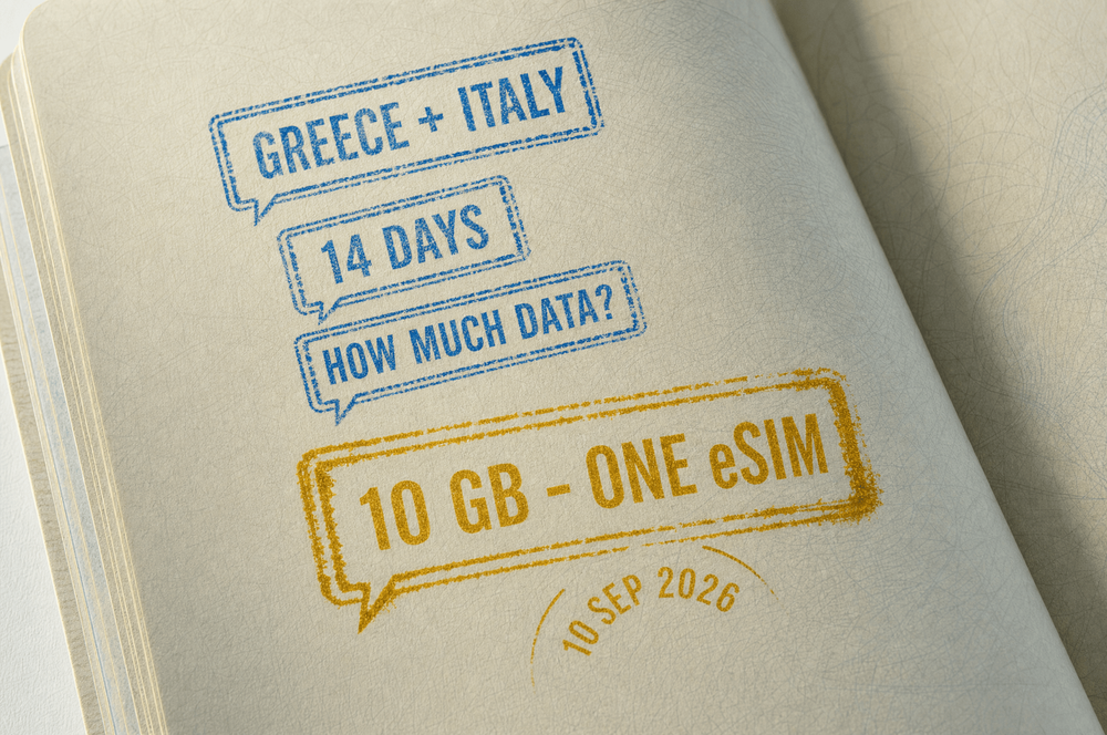 Passport stamps that also read as chat messages: three blue stamps saying Greece + Italy, 14 days, and How much data?, answered by a larger gold stamp reading 10 GB - one eSIM.