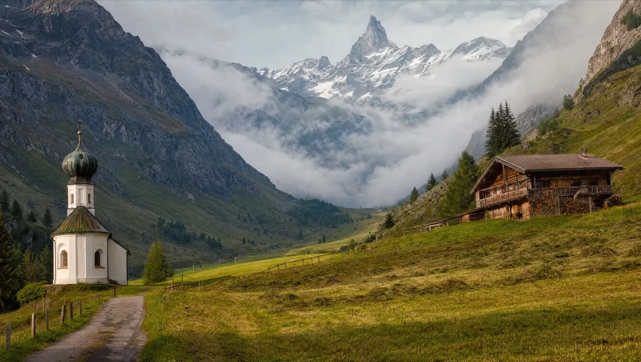 One alpine valley holding a Bavarian church, a Tyrolean farmhouse and a Swiss rock horn along a single unbroken ridgeline, with no border between them.