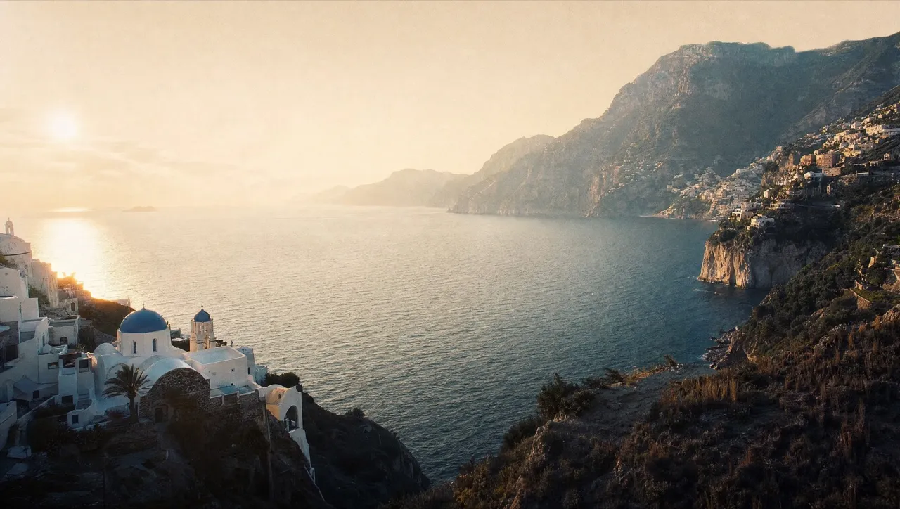 One bay whose near shore is a Cycladic village of white cubic houses and blue domes and whose far shore is an Amalfi coast town, running into each other with no border between them.