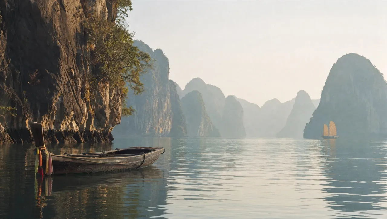 One bay of limestone karst towers where the near stacks are Thai and the far ones Vietnamese, continuing as a single unbroken formation.